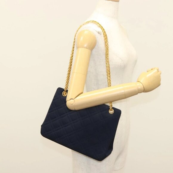 CHANEL Matelasse Chain Shoulder Bag cotton Navy Gold CC Auth - Picture 15 of 16